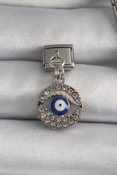 Mey İthalat® 316L Çelik Gümüş Renk Sallantı Zirkon Taşlı Göz Model Nazar Boncuk Detay Nomination Charm ürün görseli 1