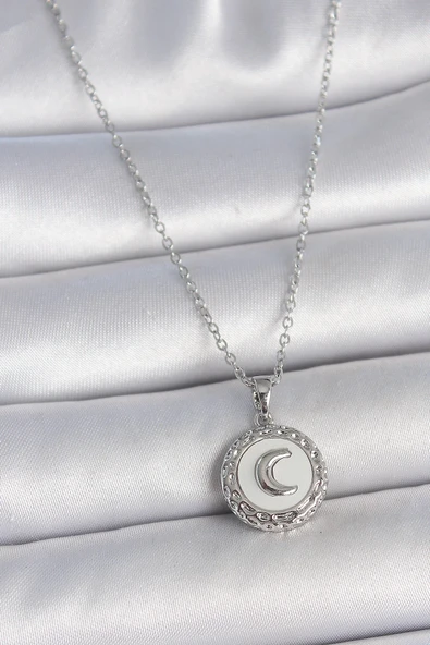 Mey İthalat® 316L Çelik Gümüş Renk Zincir Beyaz Mineli Hilal İşlemeli Madalyon Model Kadın Kolye ürün görseli 1