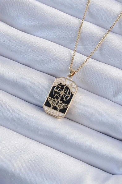 Mey İthalat® 316L Çelik Zincir Altın Renk İşlemeli Siyah Mineli Tarot Kolye ürün görseli 1
