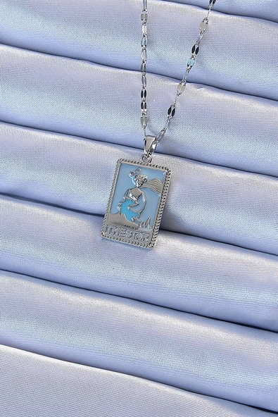 Mey İthalat® 316L Çelik Zincir Gümüş Renk Mavi Mineli Tarot Kolye ürün görseli 1