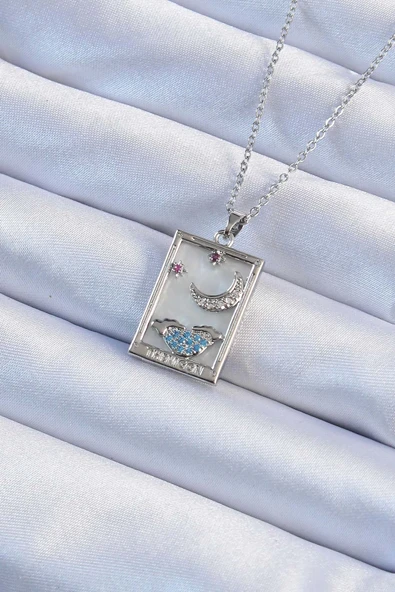 Mey İthalat® 316L Çelik Zincir Gümüş Renk Zirkon Taşlı Ay Figürlü Tarot Kolye ürün görseli 1