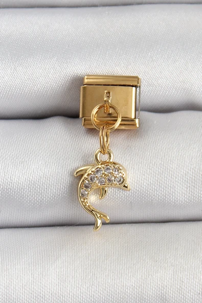 Mey İthalat® 316L Çelik Sallantılı Zirkon Taşlı Yunus Balığı Model Gold Renk Nomination Charm ürün görseli 1