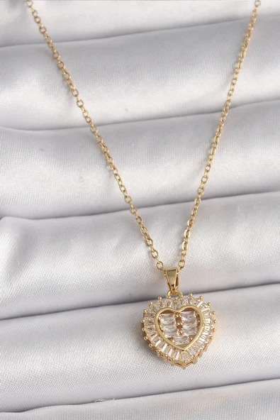 Mey İthalat® 316L Çelik Gold Renk Zincir Zirkon Taşlı Kalp Model Kadın Kolye ürün görseli 1