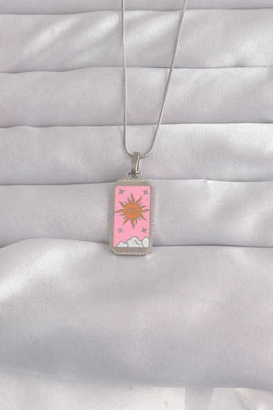 Mey İthalat® 316L Çelik Gümüş Renk Pembe Mineli Güneş Model Tarot Kolye ürün görseli 1