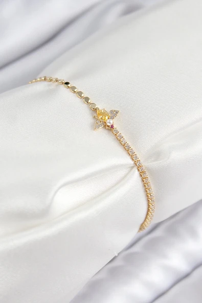 Mey İthalat® Pirinç Zirkon Taşlı Arı Model Ezme Zincir Gold Renk Kadın Bileklik ürün görseli 1