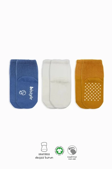 Mey İthalat®   3'Lü Basic Kaymaz Penye Soket Çorap 10107 İndigo Ekru Hardal ürün görseli 1