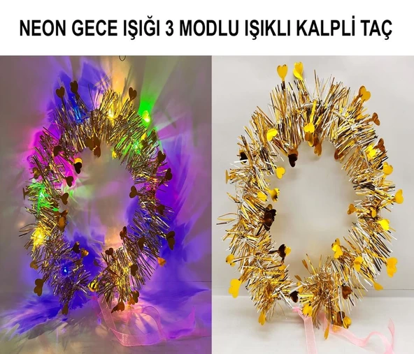 Mey İthalat® Kalp Püsküllü Gece Parıltısı 3 Modlu LED li Işıklı Taç Altın Renk ürün görseli 1
