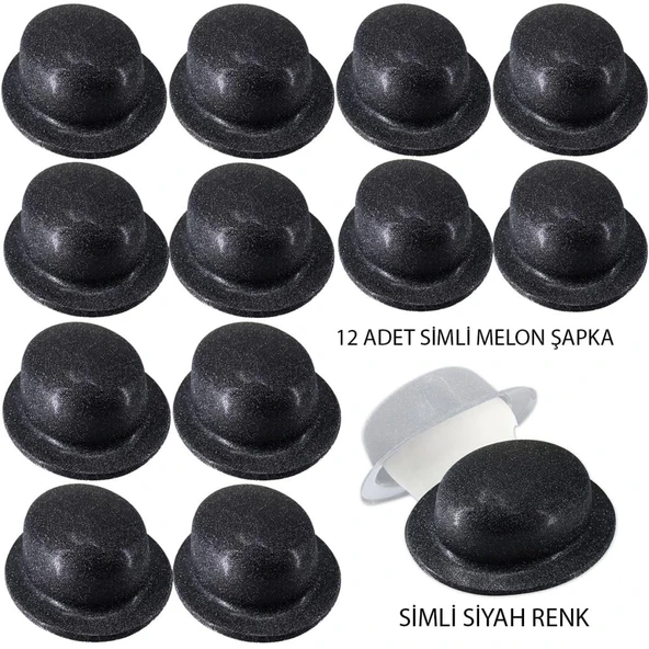 Mey İthalat® Siyah Renk Simli Melon Yuvarlak Parti Şapkası 12 Adet ürün görseli 1