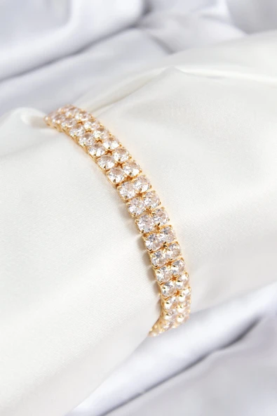 Mey İthalat® Pirinç Zirkon Taşlı Çift Sıra Kare Model Gold Renk Asansörlü Kadın Bileklik ürün görseli 1