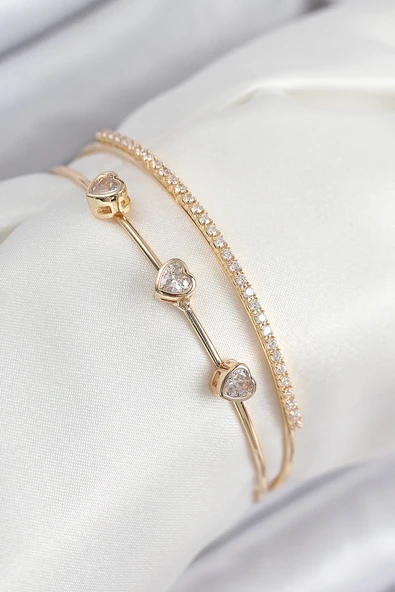 Mey İthalat® Pirinç Zirkon Taşlı Kalp Model Gold Renk Kadın Bileklik ürün görseli 1