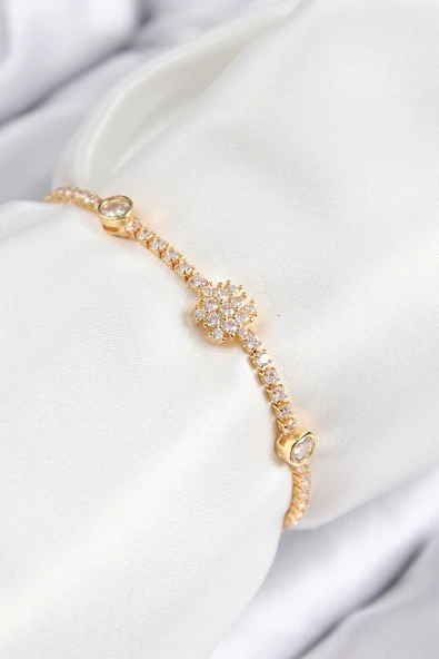 Mey İthalat® Pirinç Zirkon Taşlı Kar Tanesi Model Gold Renk Asansörlü Kadın Bileklik ürün görseli 1