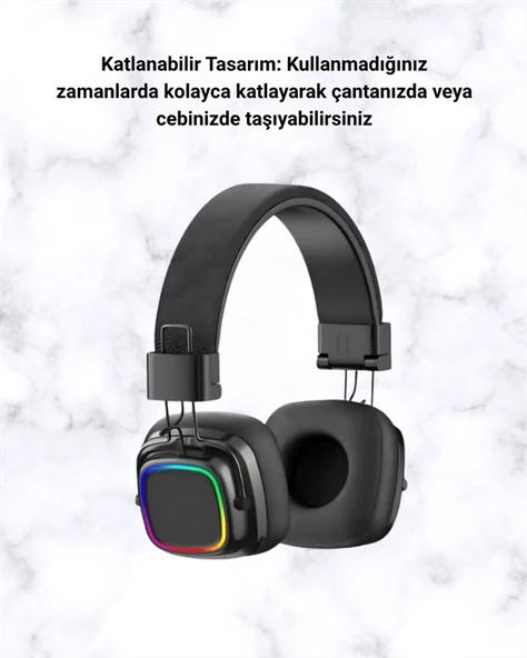 Mey İthalat® Kablosuz RGB Işıklı Katlanabilir Bluetooth Kulak Üstü Kulaklık ürün görseli 1