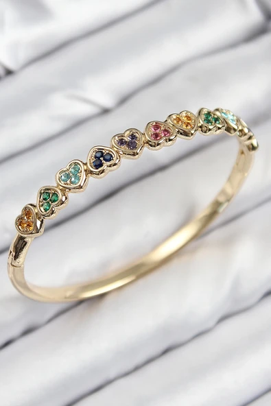 Mey İthalat® Pirinç Renkli Zirkon Taşlı Sıralı Kalp Model Gold Renk Kadın Kelepçe ürün görseli 1