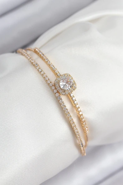Mey İthalat® Pirinç Zirkon Taşlı Baget Model Gold Renk Kadın Bileklik ürün görseli 1