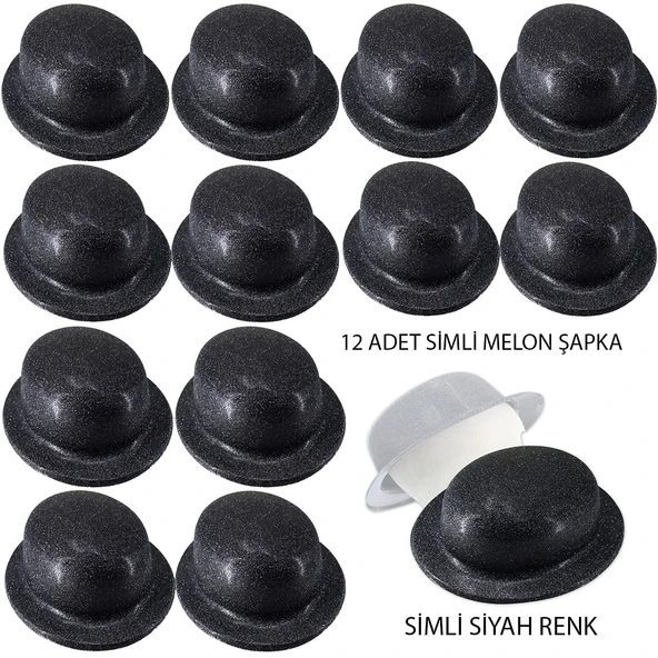 Mey İthalat® Siyah Renk Simli Melon Yuvarlak Parti Şapkası 12 Adet ürün görseli 1