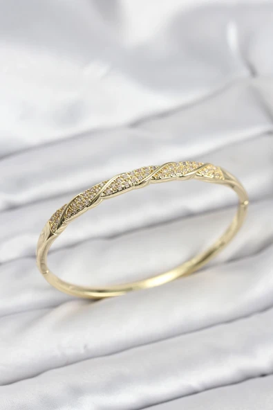 Mey İthalat® Pirinç Gold Renk Zirkon Taşlı Model Kadın Kelepçe Bileklik ürün görseli 1