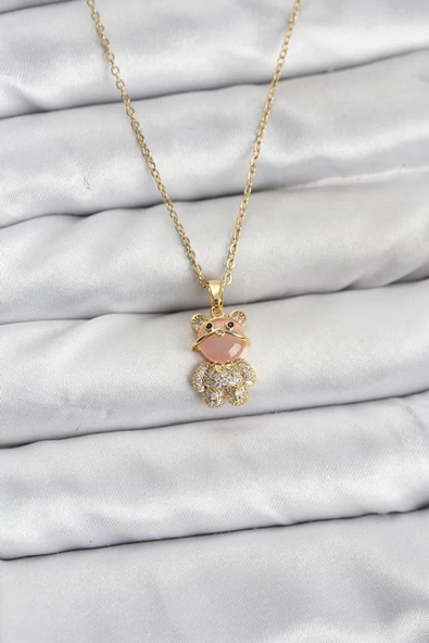 Mey İthalat® 316L Çelik Zincir Gold Renk Teddy Bear Model Zirkon Taşlı Kadın Kolye ürün görseli 1