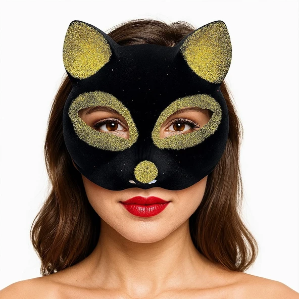 Mey İthalat® Siyah Renk Gold Simli Süet Kaplama Kedi Maskesi 18x14 cm ürün görseli 1