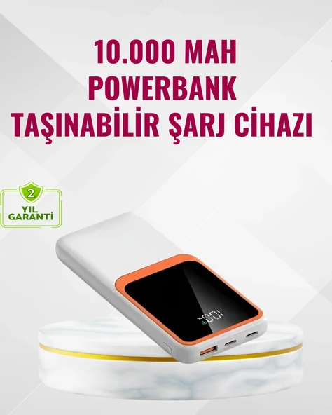 Mey İthalat® Powerbank 10000 mAh – Çift USB Çıkışlı, Type-C Girişli, Şık Beyaz Tasarım ürün görseli 1