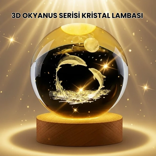 Mey İthalat® Lazer İşlemeli Yunus Kristal Küre Sıcak Işıklı Ahşap Standlı ürün görseli 1
