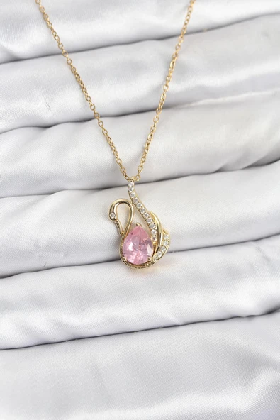 Mey İthalat® 316L Çelik Zincir Gold Renk Pembe Kuğu Model Zirkon Taşlı Kadın Kolye ürün görseli 1