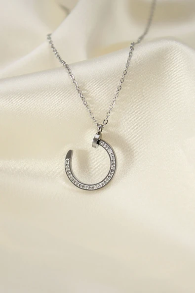 Mey İthalat® Çelik Silver Renk Zirkon Taşlı Çivi Model Kadın Kolye ürün görseli 1