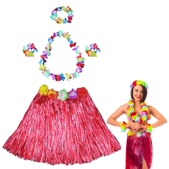 Mey İthalat® Hawaii Dans Kostümü – Kırmızı Hula Etek & Çiçek Kolye Seti ürün görseli 1