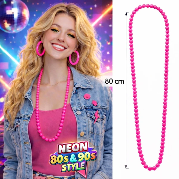 Mey İthalat® Neon Pembe Boncuk Kolye 80 cm – Retro 80’ler 90’lar Parti Aksesuarı ürün görseli 1