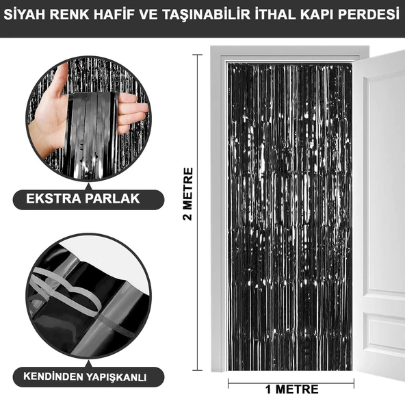 Mey İthalat® Siyah Renk Ekstra Metalize Parlak Saçaklı Arka Fon Perde İthal A Kalite 1x2 Metre ürün görseli 1