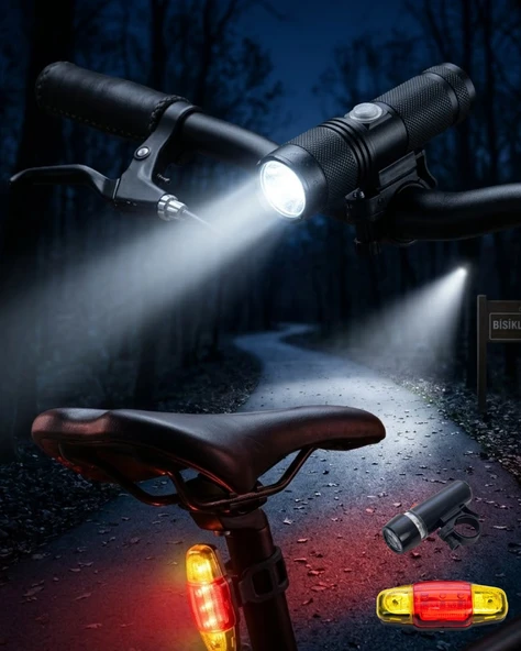 Mey İthalat® Bisiklet Far ve Stop Lambası Seti LED Ön Arka Emniyet Işığı ürün görseli 1