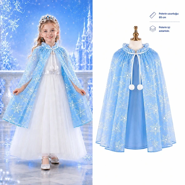 Mey İthalat® Kar Tanesi Desenli Mavi Elsa Pelerini - Astarlı Frozen Pelerini 85 cm ürün görseli 1