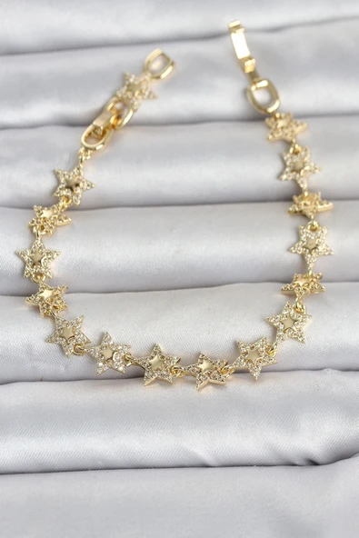 Mey İthalat® Sıralı Yıldız Model Zirkon Taşlı Gold Renk Pirinç Kadın Bileklik ürün görseli 1