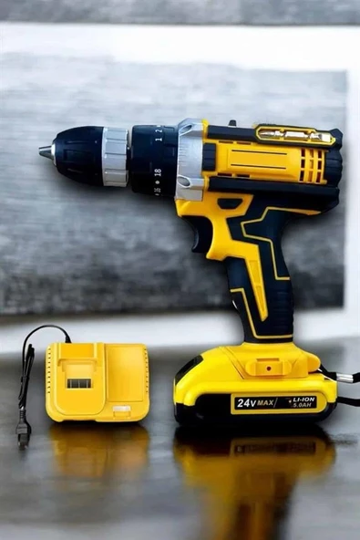 Mey İthalat® Çift Bataryalı Metal Dişli Darbeli Şarjlı Matkap Seti 24W Güç ve 24 Parça Aksesuar ürün görseli 1