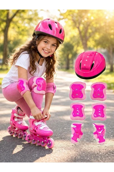 Mey İthalat® Bisiklet Kaykay Paten Çocuk Kaskı Ve Dizlik Set PEMPE/PEMBE ürün görseli 1