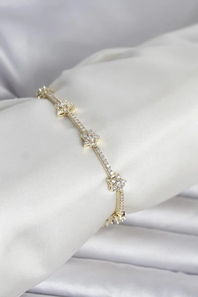 Mey İthalat® Pirinç Gold Renk Zirkon Taşlı Yıldız Model Kadın Bileklik ürün görseli 1