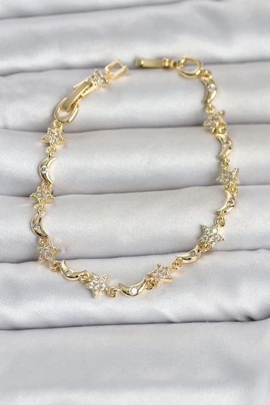 Mey İthalat® Pirinç Gold Renk Zirkon Taşlı Ay ve Yıldız Model Kadın Bileklik ürün görseli 1