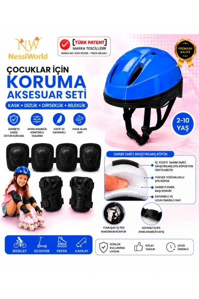 Mey İthalat® Bisiklet Kaykay Paten Çocuk Kaskı Ve Dizlik Set MAVİ/SİYAH ürün görseli 1