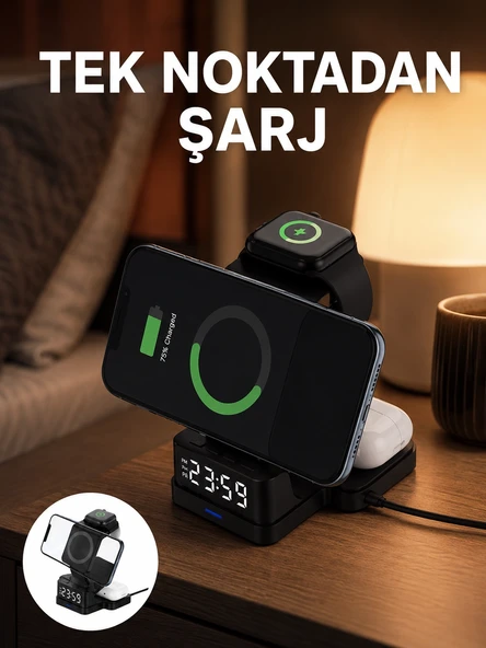 Mey İthalat® LED Dijital Saatli Kablosuz Şarj Cihazı – 3 Parlaklık Ayarlı, Şarj Koruma Teknolojili Yeni Nesil ürün görseli 1