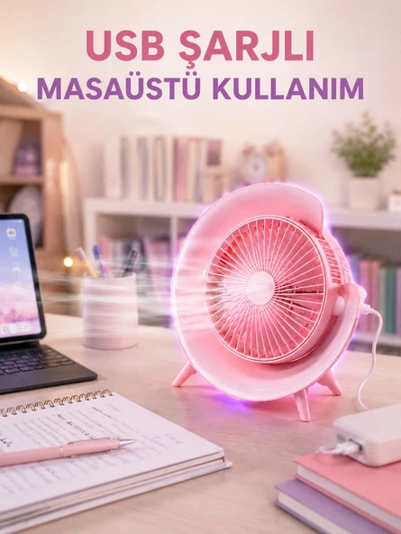 Mey İthalat® Gece Lambası Özellikli Şarjlı Mini Masaüstü Fan ürün görseli 1