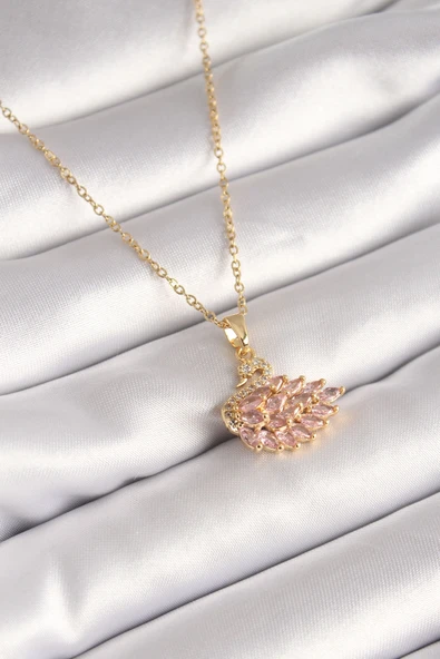 Mey İthalat® 316L Çelik Gold Renk Zincir Pembe Zirkon Taşlı Kuğu Model Kadın Kolye ürün görseli 1