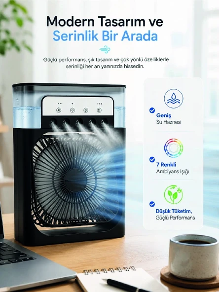 Mey İthalat® Masaüstü Püskürtmeli Serinletici Fan 5 Sisleme, 3 Fan Hızı, 7 Renk Ambiyans Işığı ürün görseli 1