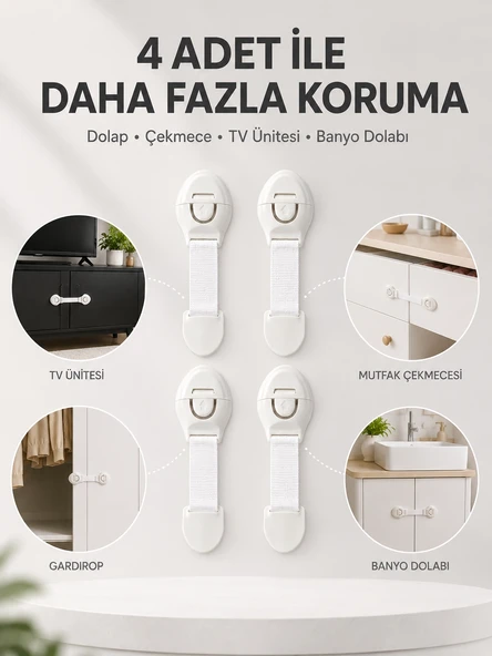 Mey İthalat® 4'lü Çocuk Güvenlik Dolap ve Çekmece Kilidi ürün görseli 1
