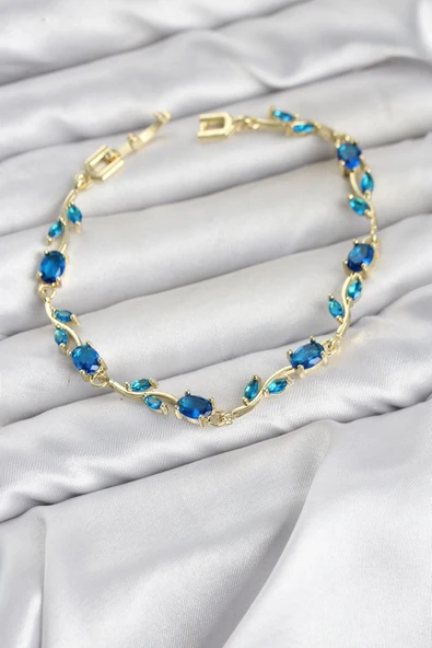 Mey İthalat® Pirinç Gold Renk Mavi Zirkon Taşlı Çiçek Model Kadın Bileklik ürün görseli 1