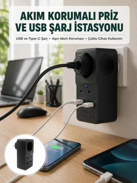 Mey İthalat® Isıya Dayanıklı PC Gövdeli Akım Korumalı Priz 4 USB Yeni Nesil ürün görseli 1