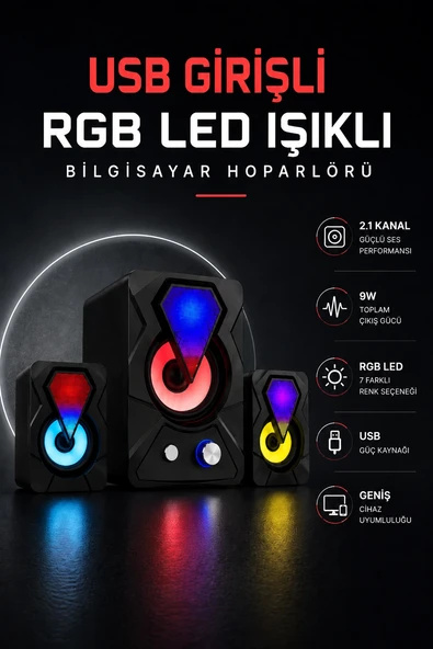 Mey İthalat® RGB LED AYDINLATMALI USB BİLGİSAYAR OYUN HOPARLÖRÜ ürün görseli 1