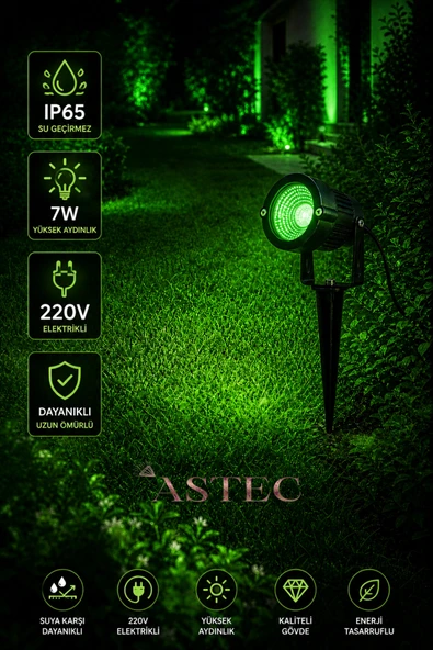 ASTEC 7W Yeşil Bahçe Aydınlatma Spotu IP65 Su Geçirmez 220V Elektrikli Dış Mekan Çim Kazık ürün görseli 1
