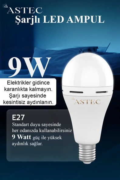 ASTEC Beyaz 9 Watt Şarjlı LED Ampul E27 Duy 6500K 8 Saat Aydınlatma Taşınabilir ürün görseli 1