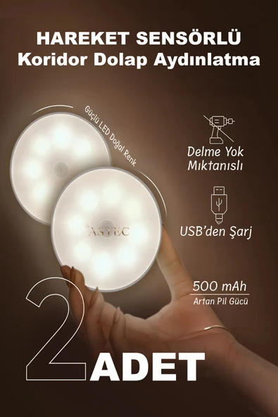 ASTEC Hareket Sensörlü Led 500 mAh Şarjlı Doğal Renk 4000 Kelvin Led Dolap İç Mutfak Koridor USB'li 2 Adet ürün görseli 1