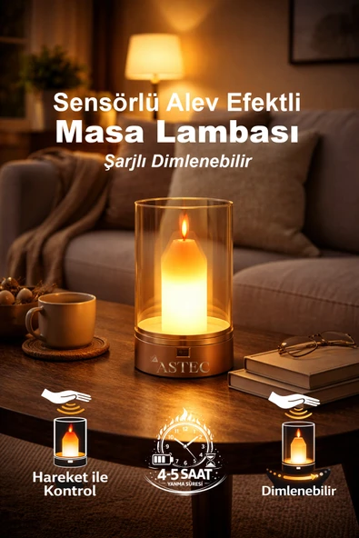 ASTEC Lüks Şarjlı El Hareketli Led Mum Masa Gece Lambası Dimlenebilir 3200K Gün Işığı ürün görseli 1