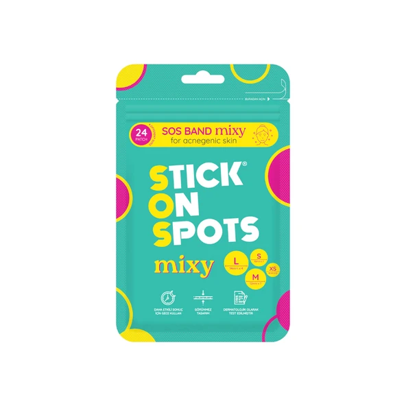 Stick On Spots SOS Band Mixy for Acnegenic Skin Akneli Ciltler İçin Karışık Boyutlu Sivilce Bandı 24 Adet ürün görseli 1
